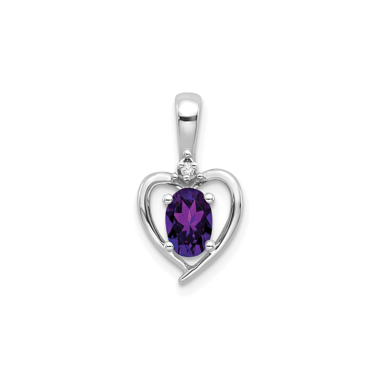 14k White Gold Heart Pendant with Oval Amethyst and Diamond Accent, Romantic Charm for Women