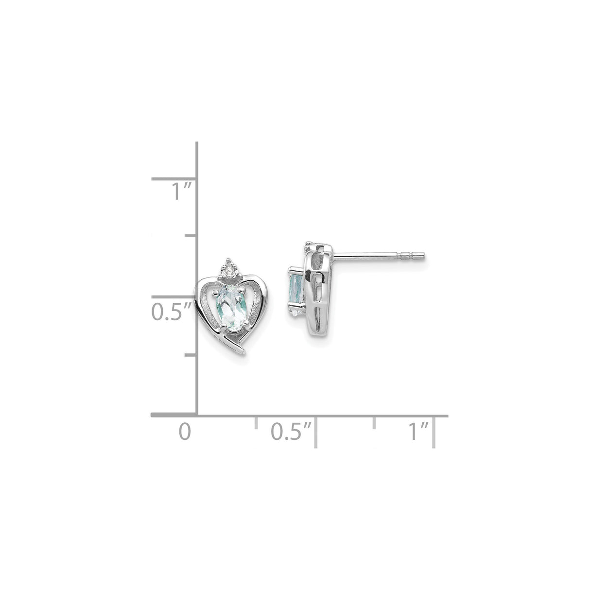14k White Gold Aquamarine Heart Stud Earrings with Diamond Accent, Open Crown Setting