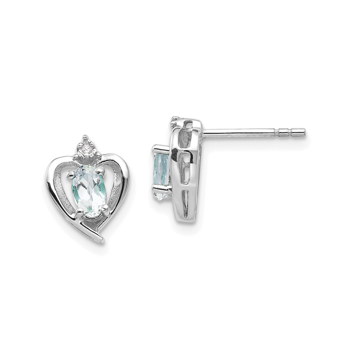 14k White Gold Aquamarine Heart Stud Earrings with Diamond Accent, Open Crown Setting
