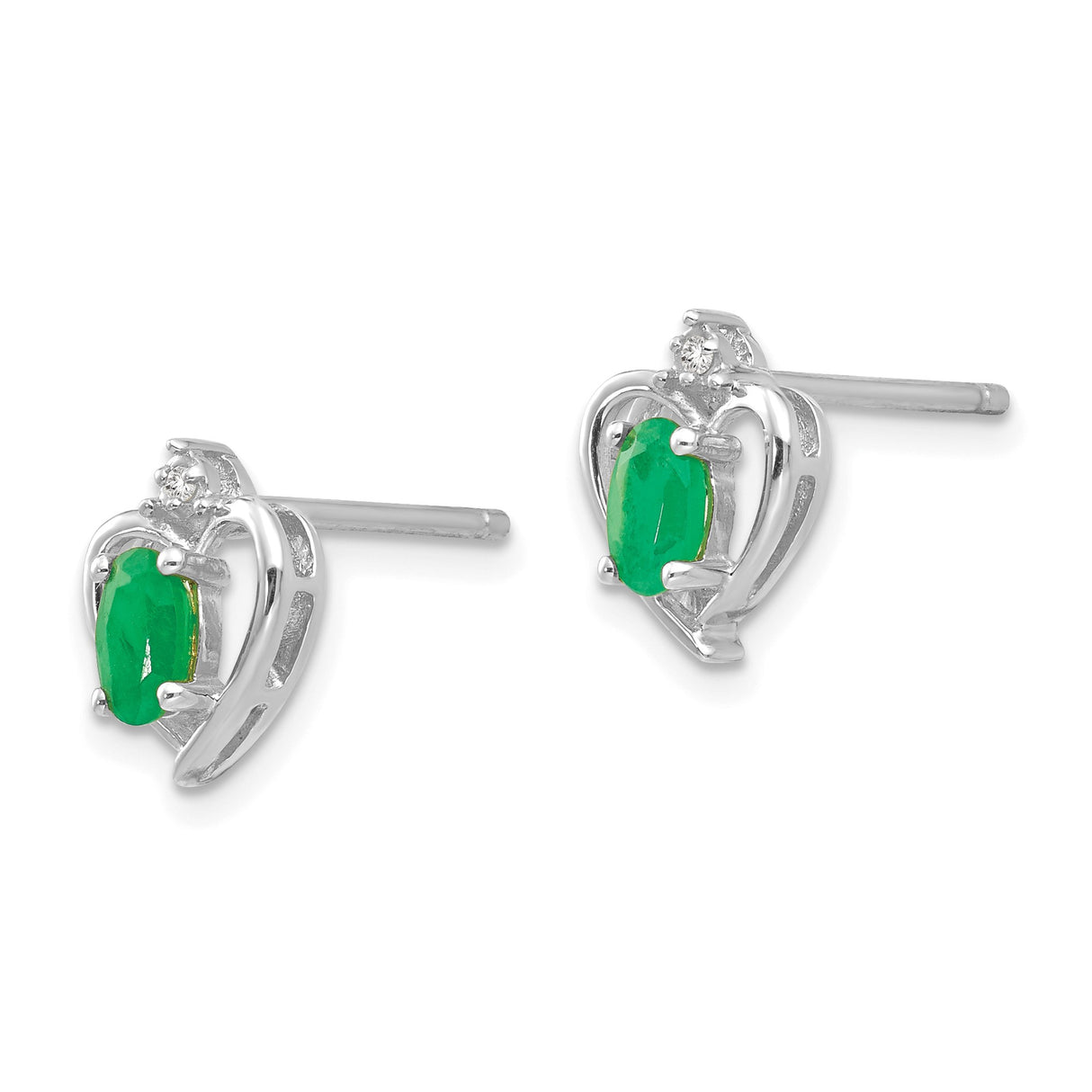 14k White Gold Heart Stud Earrings with Oval Emerald and Diamond Accents