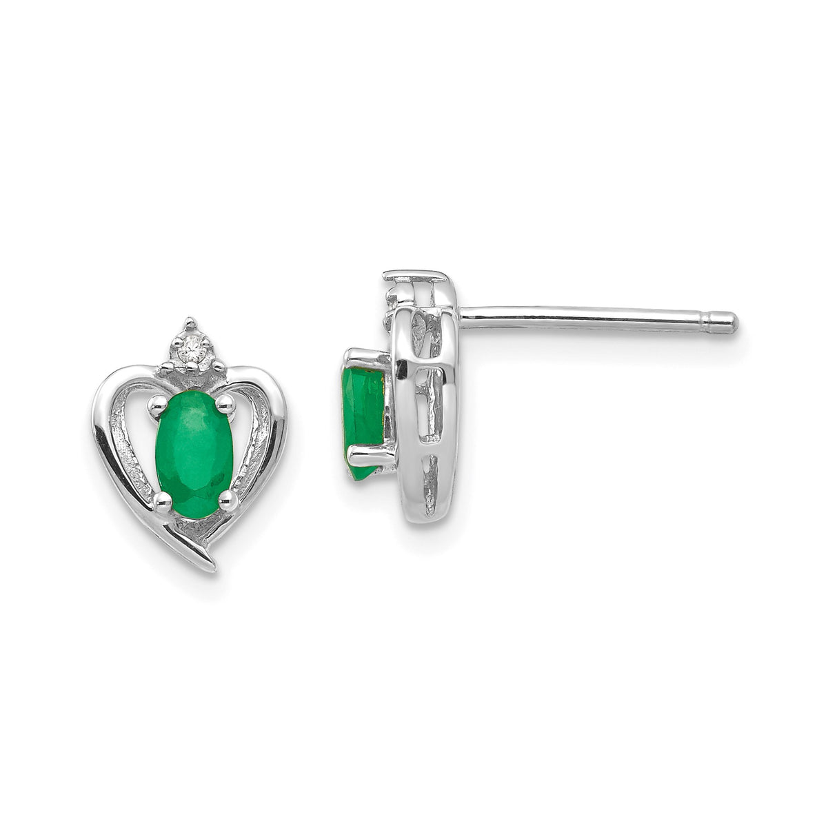 14k White Gold Heart Stud Earrings with Oval Emerald and Diamond Accents