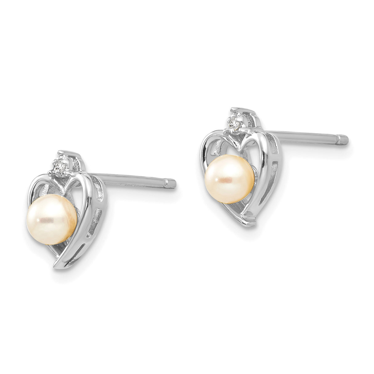 14k White Gold Heart Stud Earrings with Cultured Pearl and Diamond Accent