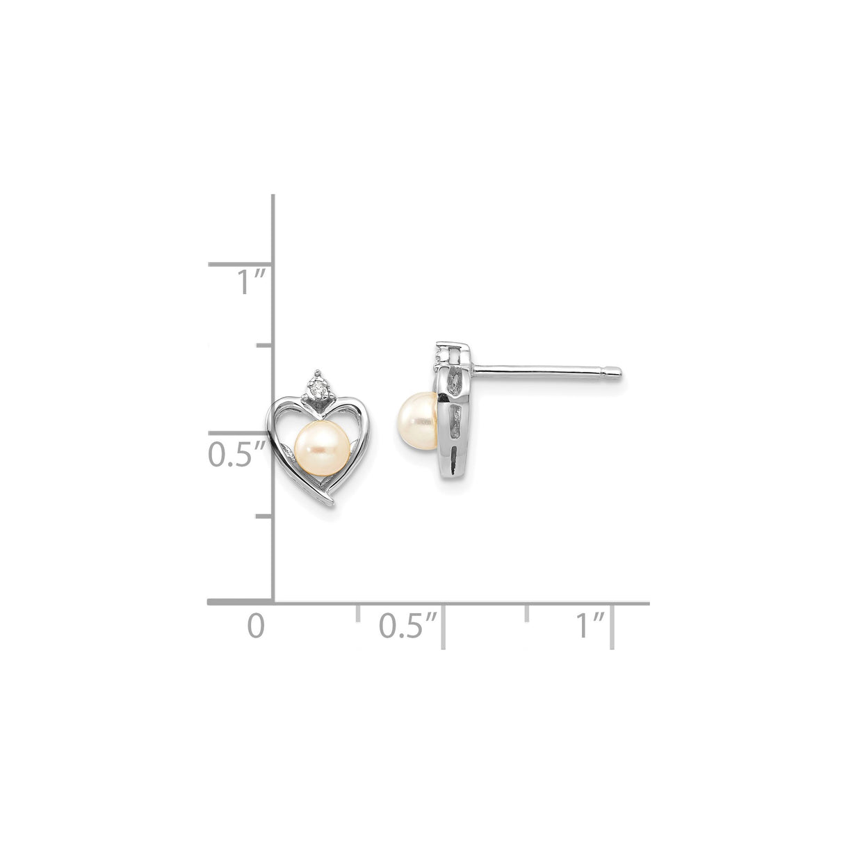 14k White Gold Heart Stud Earrings with Cultured Pearl and Diamond Accent