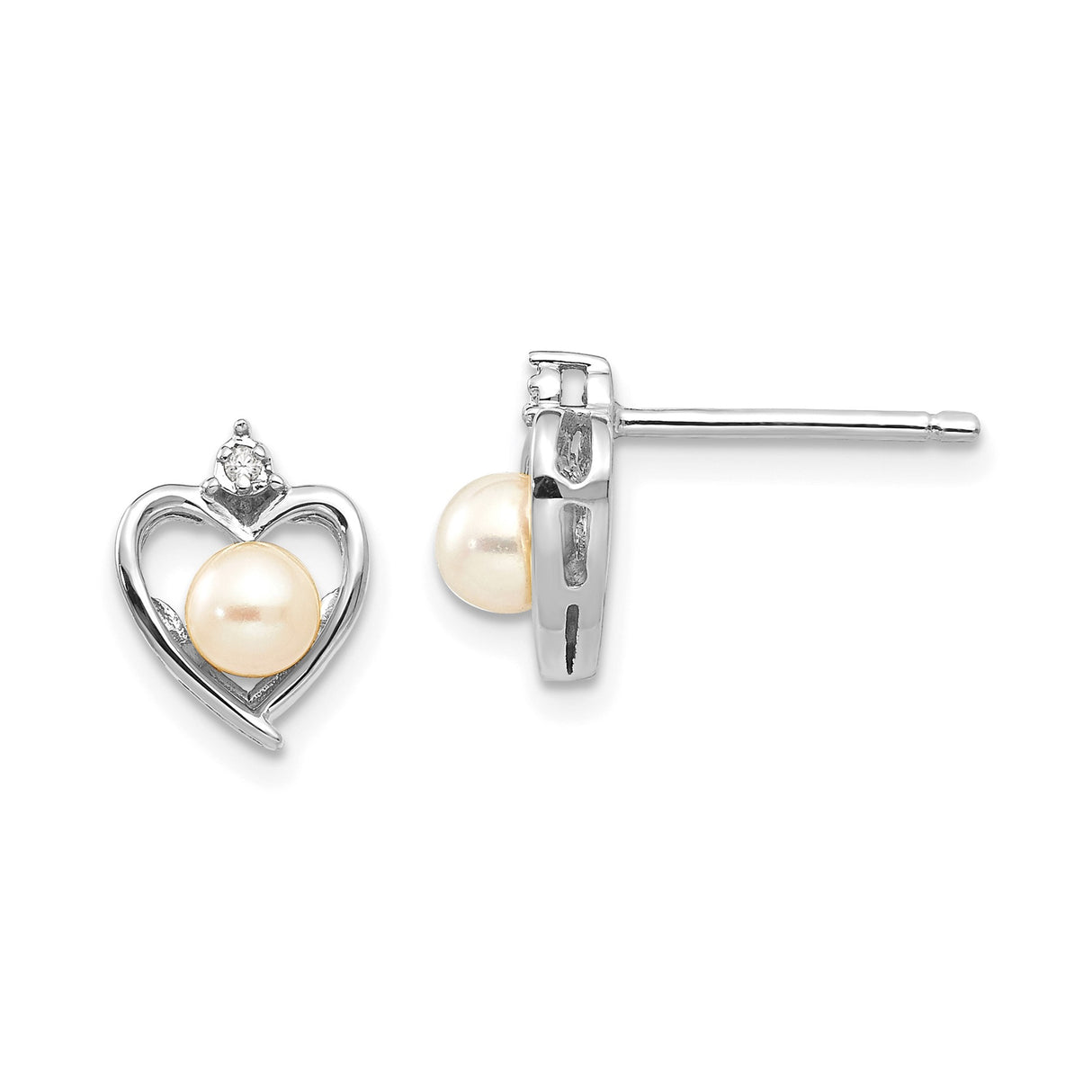 14k White Gold Heart Stud Earrings with Cultured Pearl and Diamond Accent