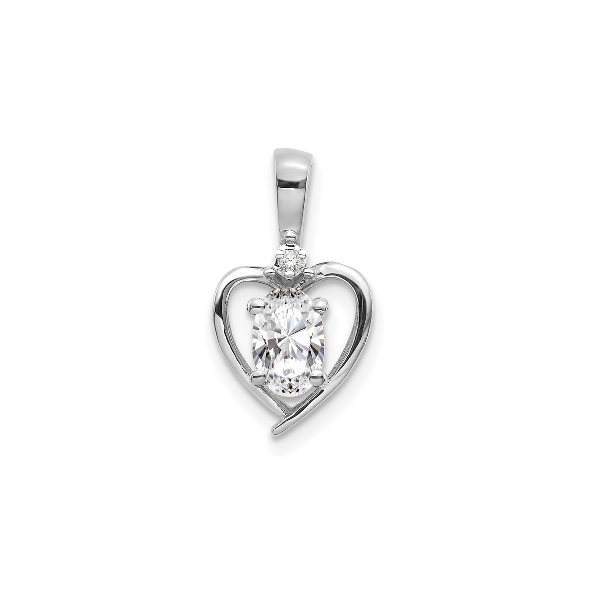 14k White Gold Heart Pendant with Oval Cut Cubic Zirconia and Diamond Accent