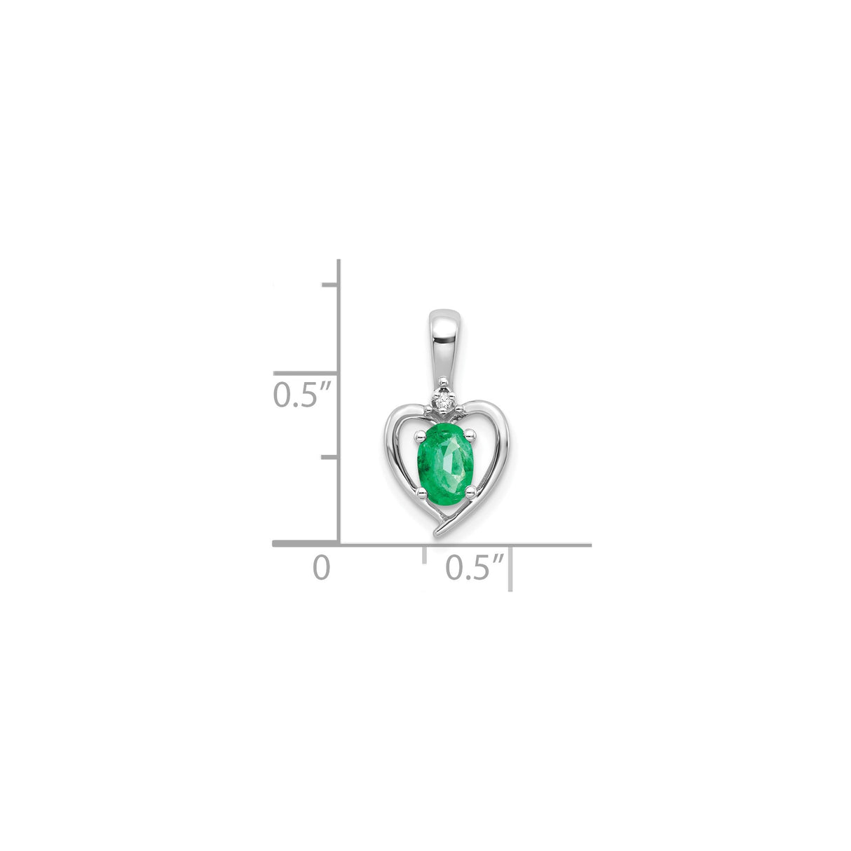 14k White Gold Heart Pendant with Oval Emerald and Diamond Accent