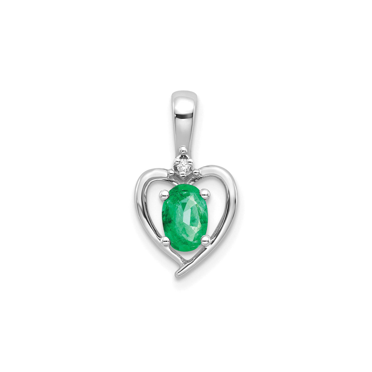 14k White Gold Heart Pendant with Oval Emerald and Diamond Accent