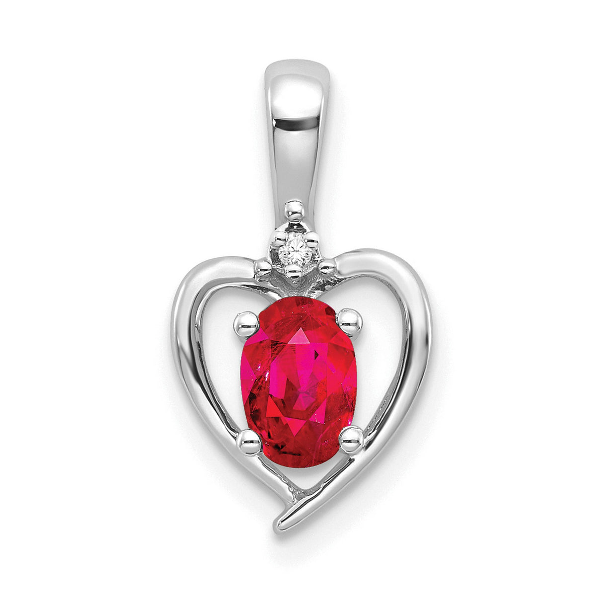 14k White Gold Heart Pendant with Oval Ruby and Diamond Accent