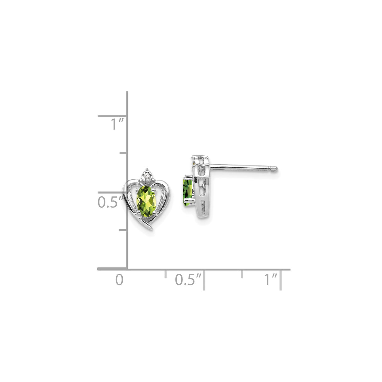 14k White Gold Heart Stud Earrings with Marquise Cut Peridot and Diamond Accent
