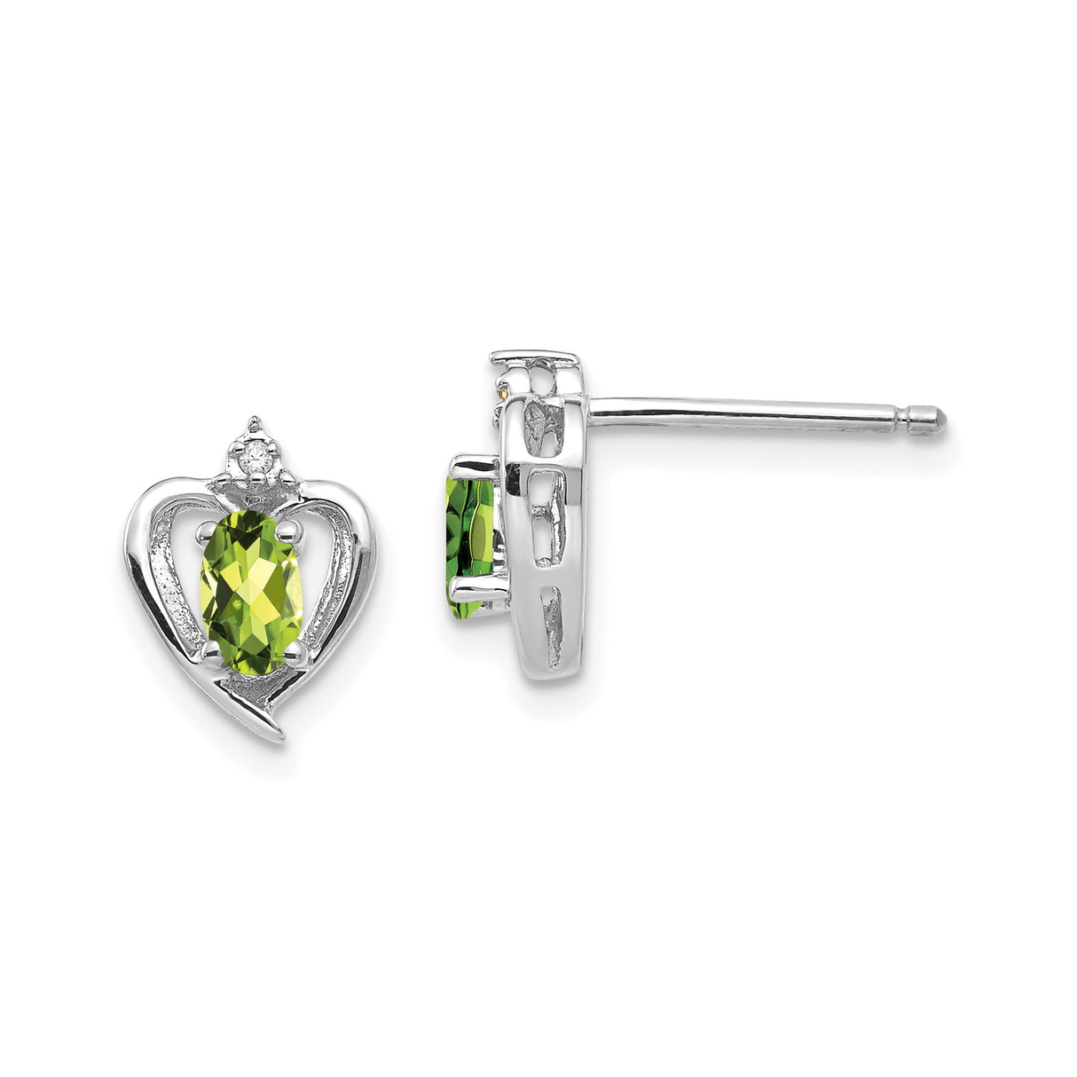 14k White Gold Heart Stud Earrings with Marquise Cut Peridot and Diamond Accent