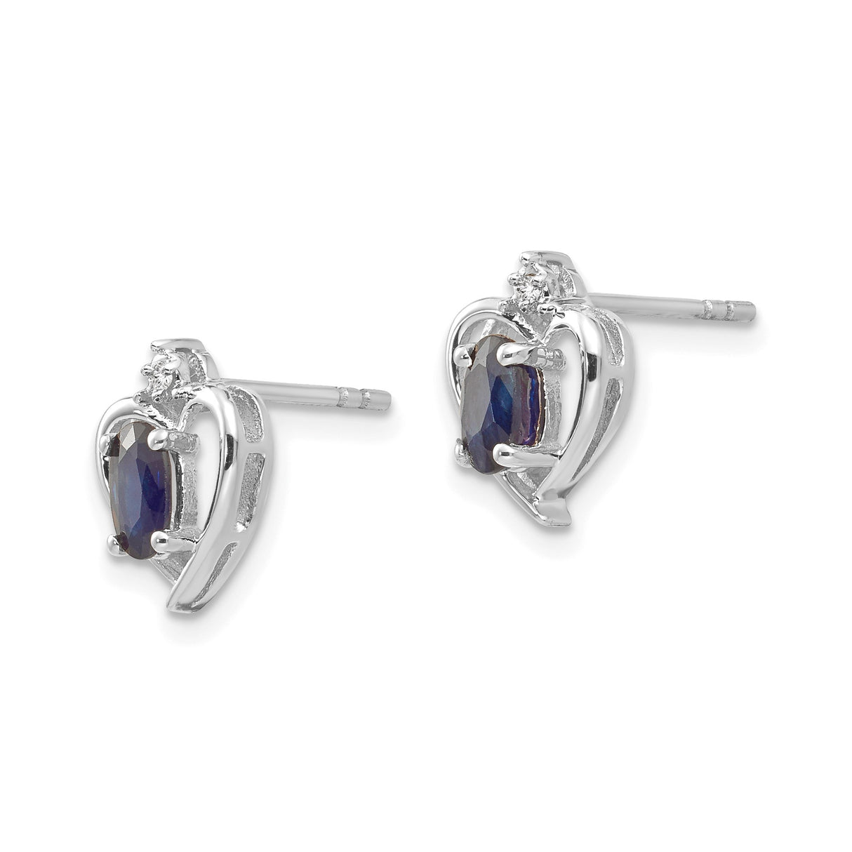 14k White Gold Heart Stud Earrings with Blue Sapphires and Diamond Accents