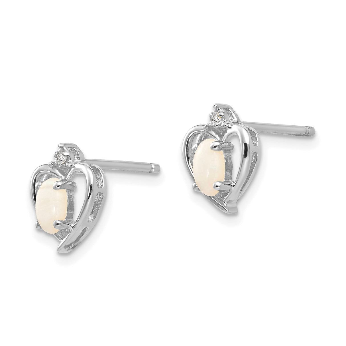14k White Gold Heart Stud Earrings with Oval Opal and Diamond Accent