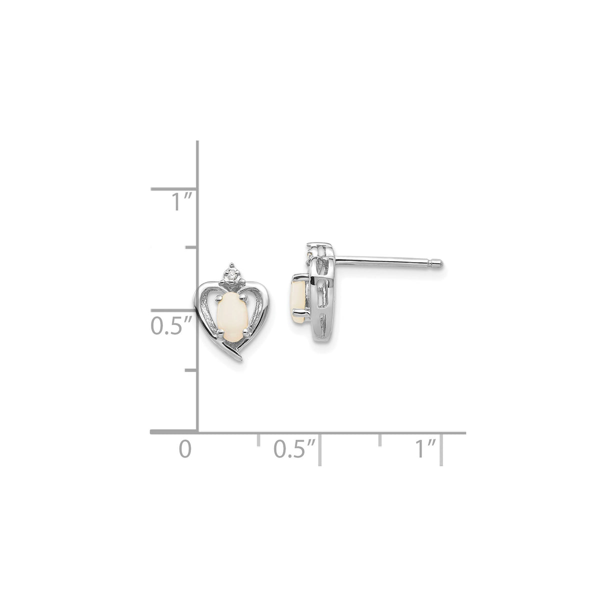 14k White Gold Heart Stud Earrings with Oval Opal and Diamond Accent