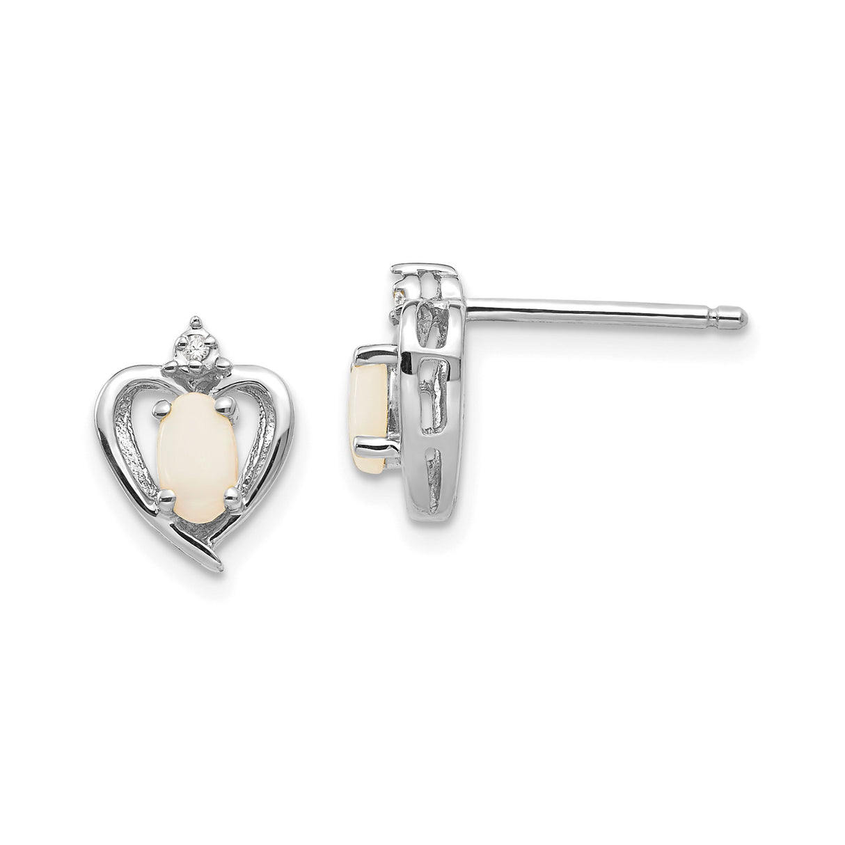 14k White Gold Heart Stud Earrings with Oval Opal and Diamond Accent