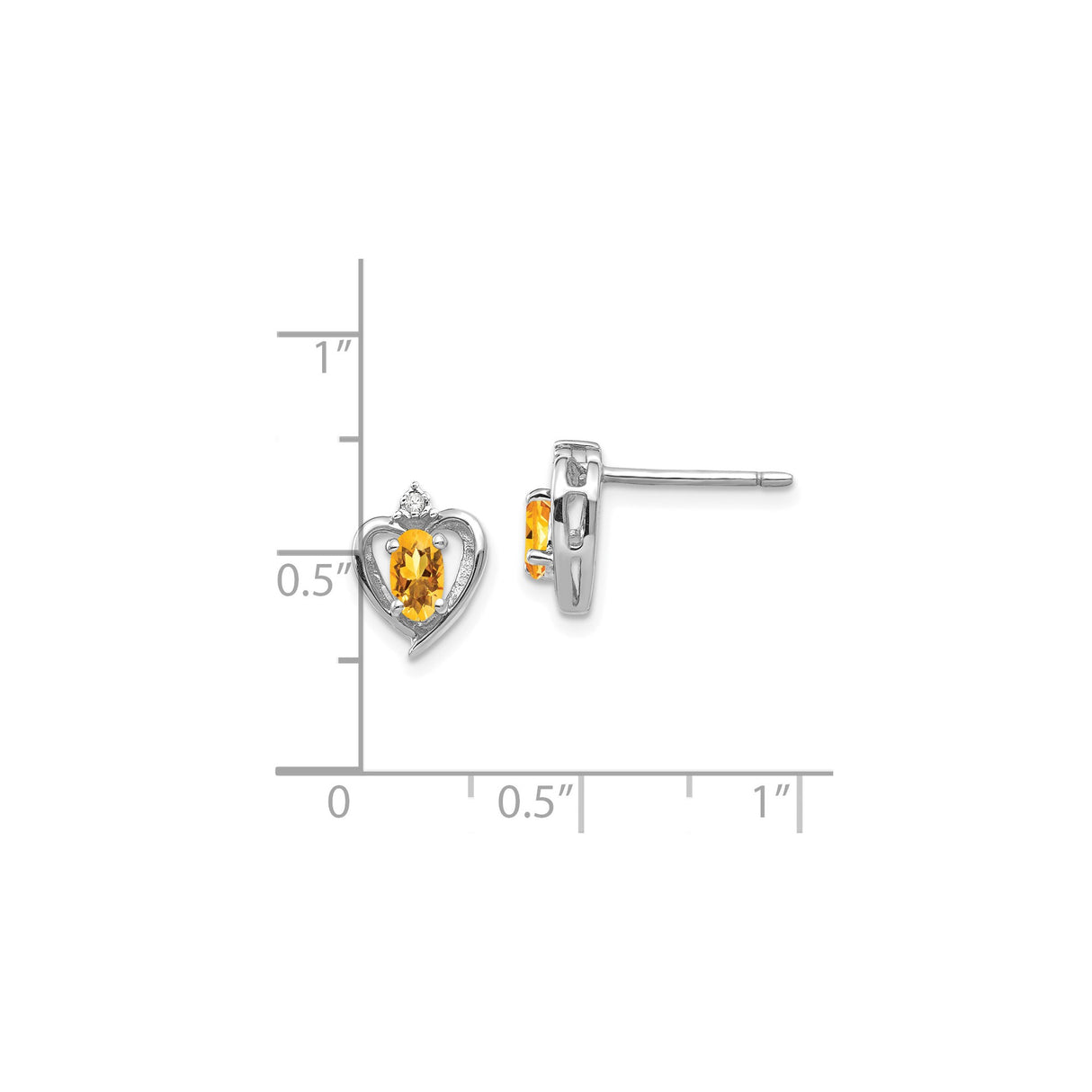 14k White Gold Heart Stud Earrings with Citrine and Diamond Accent