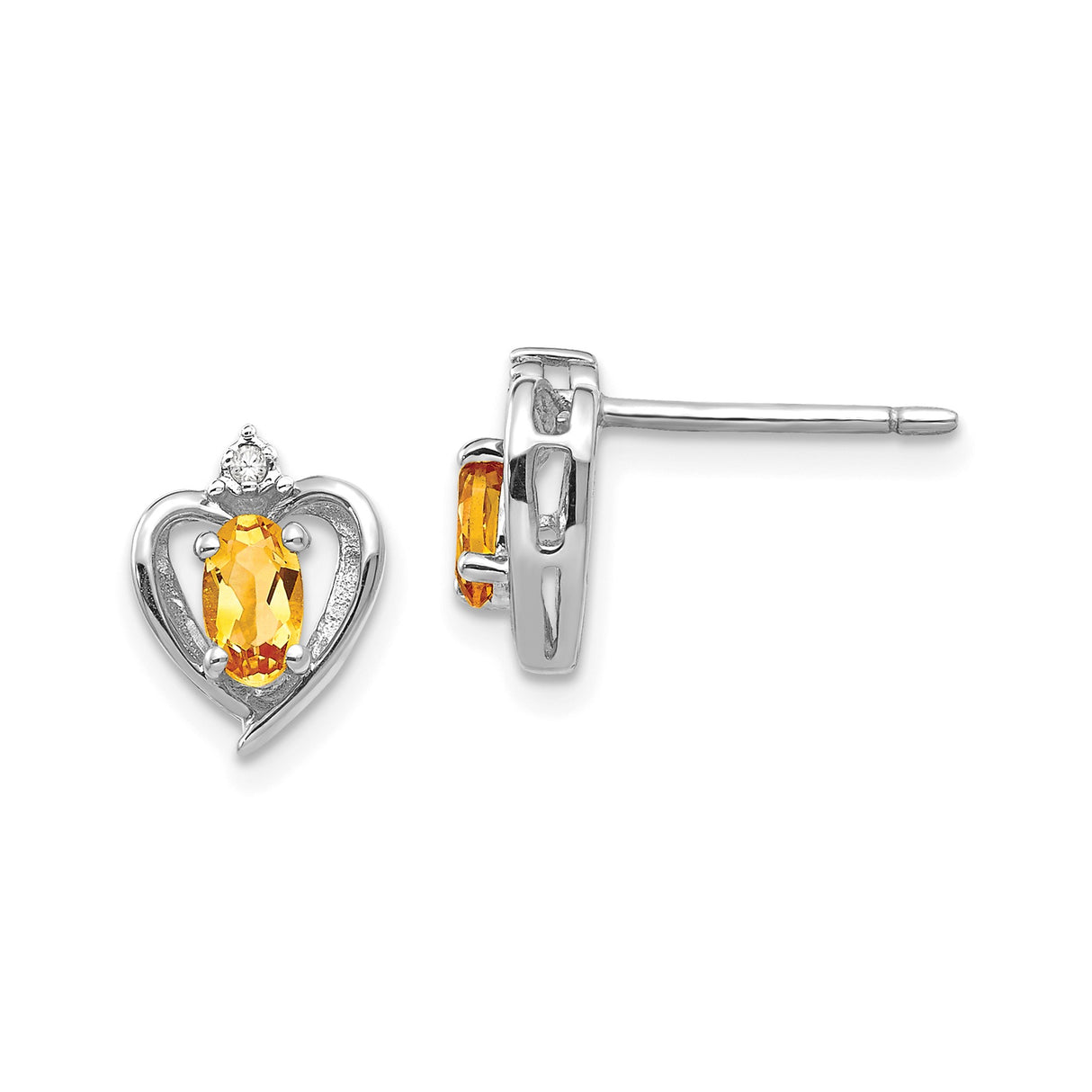 14k White Gold Heart Stud Earrings with Citrine and Diamond Accent
