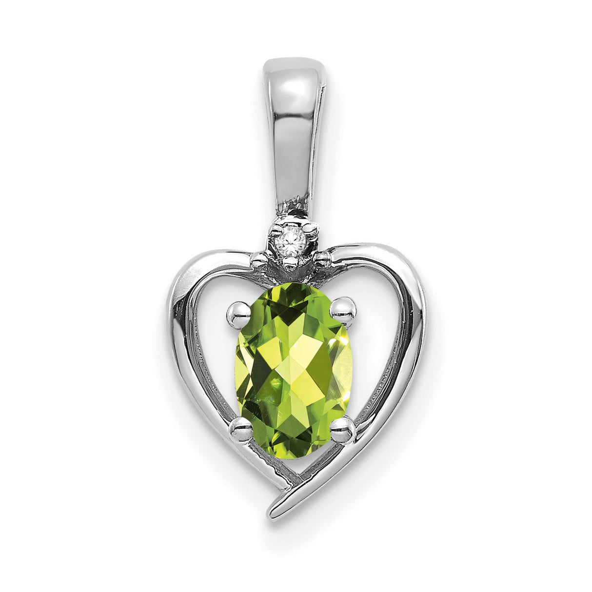 14k White Gold Heart Pendant with Oval Peridot and Diamond Accent, Romantic Design