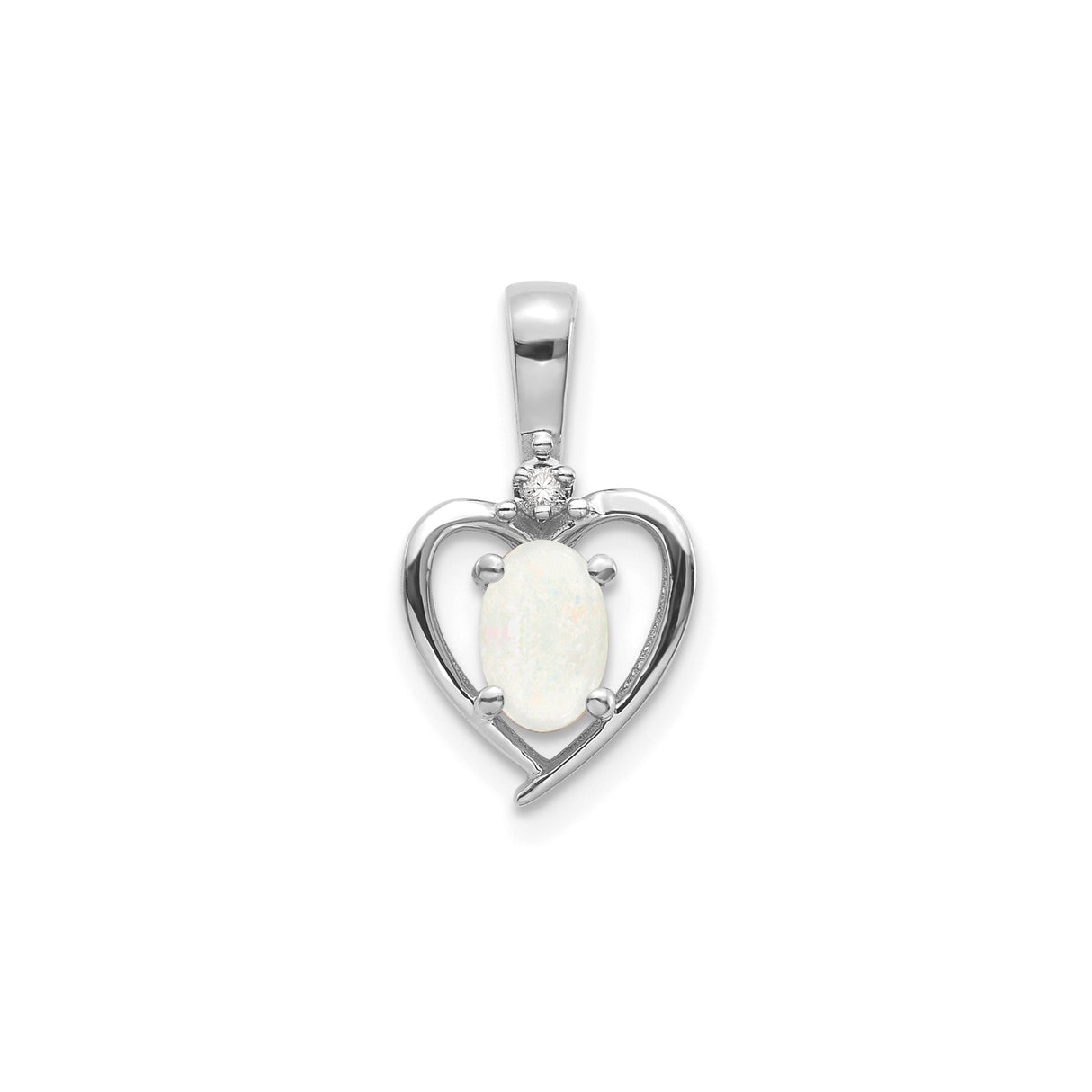 14k White Gold Heart Pendant with Oval Opal and Diamond Accent, Open Heart Design for Women