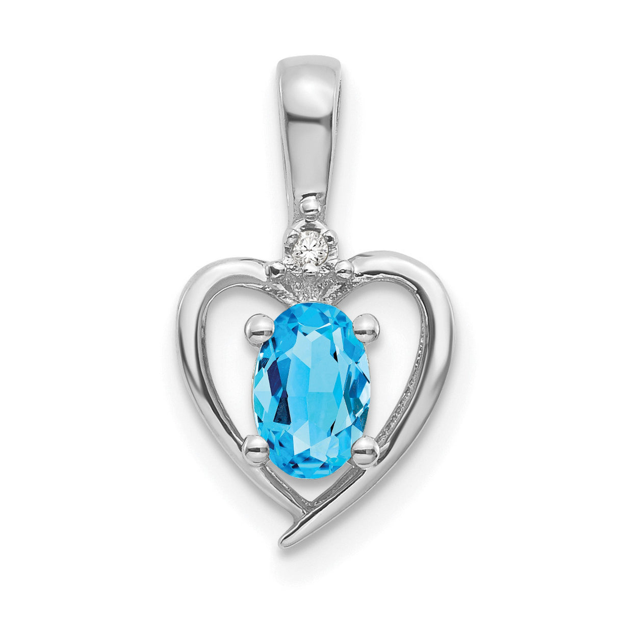 14k White Gold Heart Pendant with Oval Swiss Blue Topaz and Diamond Accent