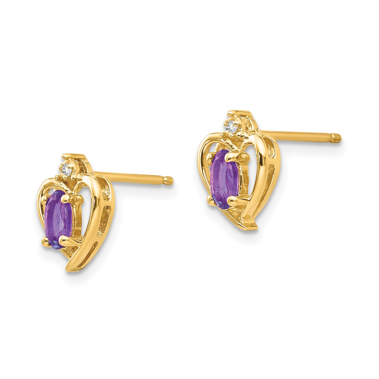 14k Yellow Gold Heart Stud Earrings with Amethyst and Diamond Accents