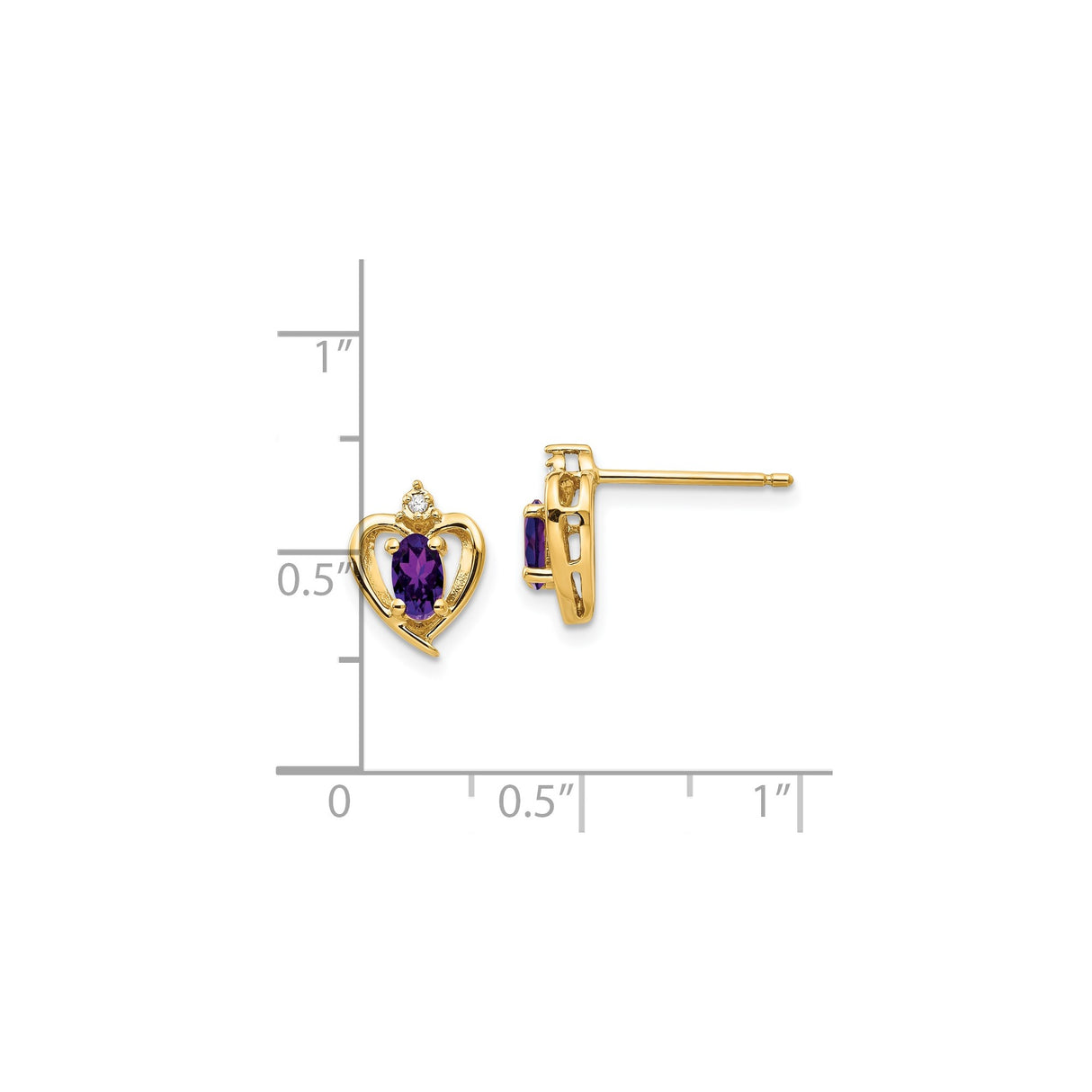 14k Yellow Gold Heart Stud Earrings with Amethyst and Diamond Accents