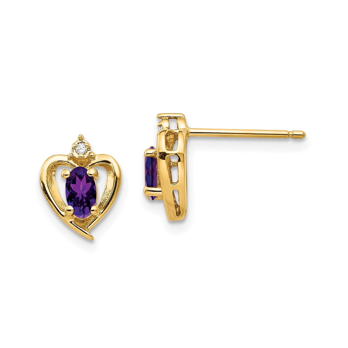 14k Yellow Gold Heart Stud Earrings with Amethyst and Diamond Accents