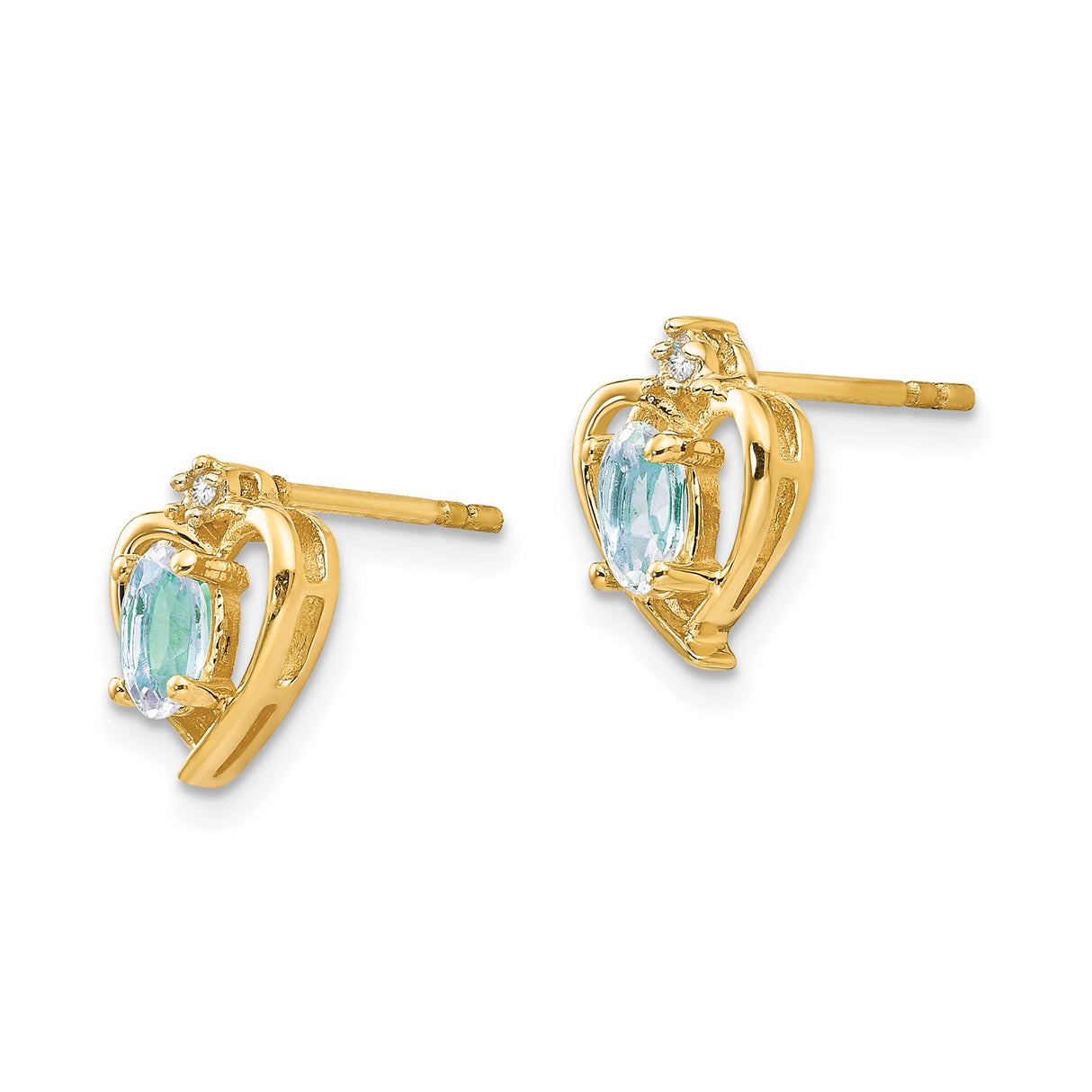 14k Yellow Gold Heart Stud Earrings with Oval Aquamarine and Diamond Accents