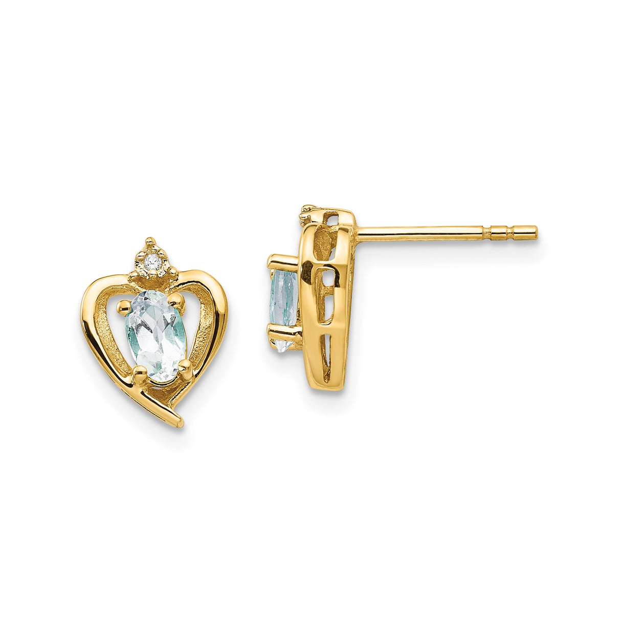 14k Yellow Gold Heart Stud Earrings with Oval Aquamarine and Diamond Accents