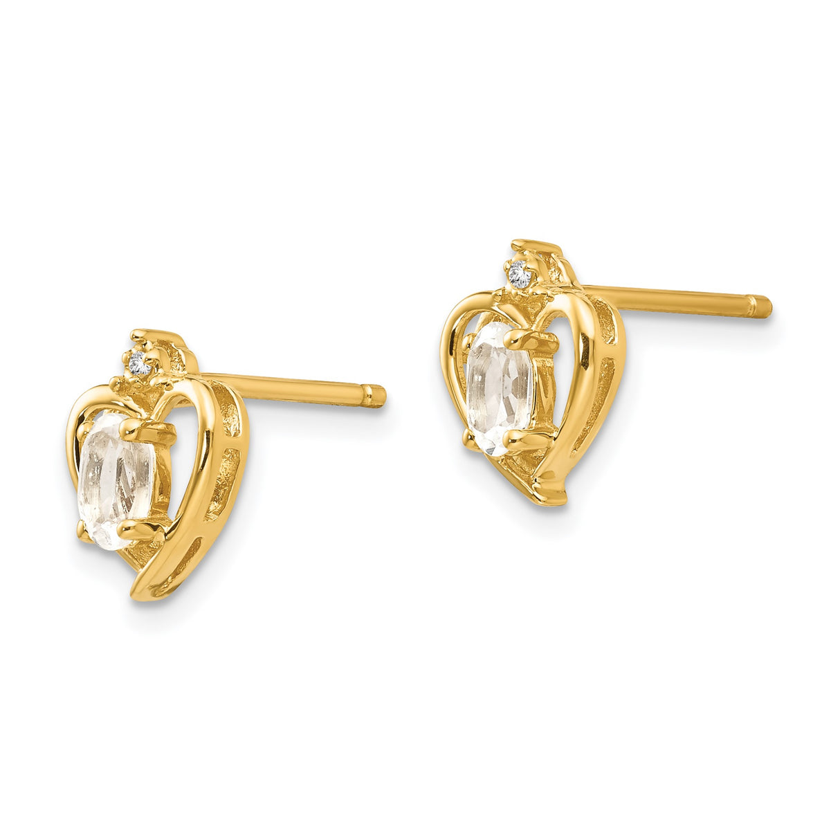 14k Yellow Gold Heart Stud Earrings with Oval White Topaz and Diamond Accent