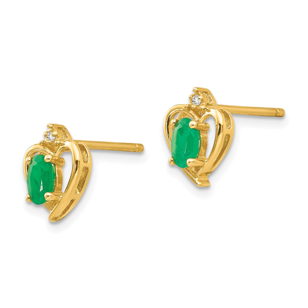 14k Yellow Gold Stud Earrings with Oval Emerald and Diamond Accent, Heart Design