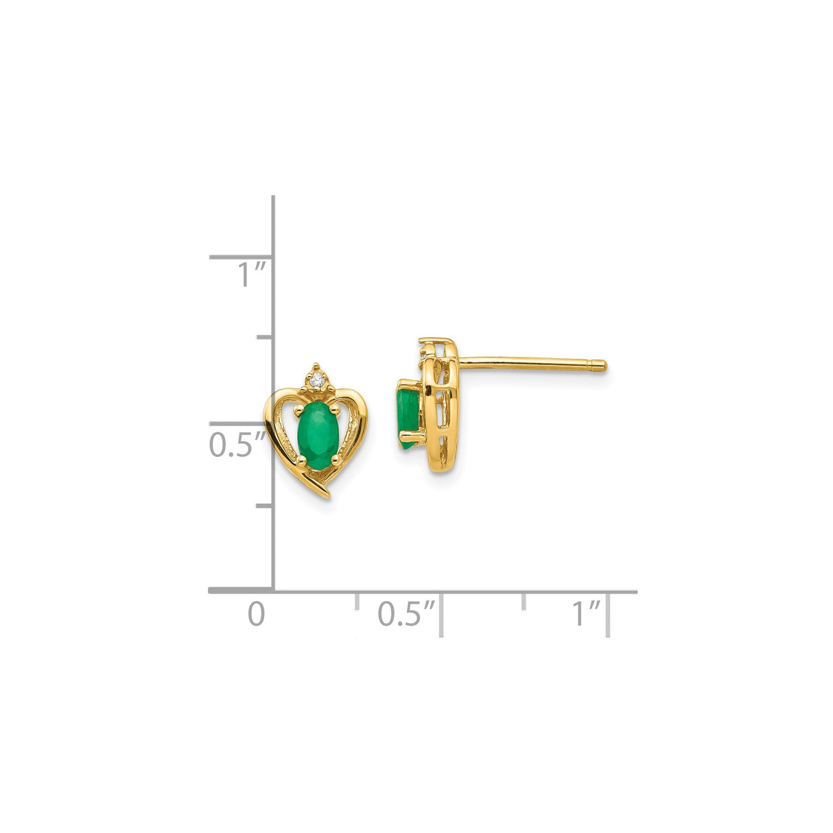 14k Yellow Gold Stud Earrings with Oval Emerald and Diamond Accent, Heart Design