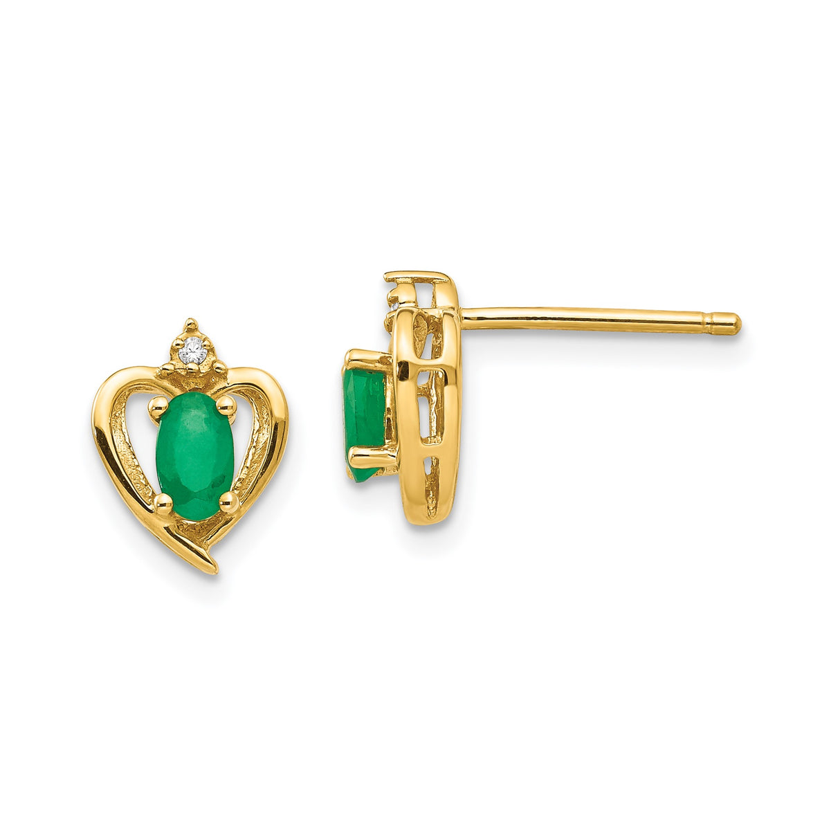 14k Yellow Gold Stud Earrings with Oval Emerald and Diamond Accent, Heart Design