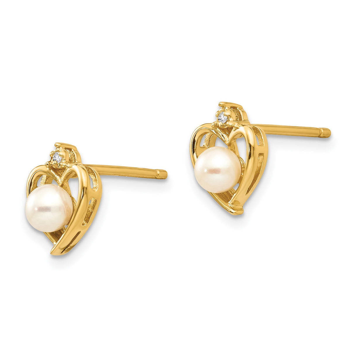 14k Yellow Gold Heart Stud Earrings with Pearl Center and Diamond Accent
