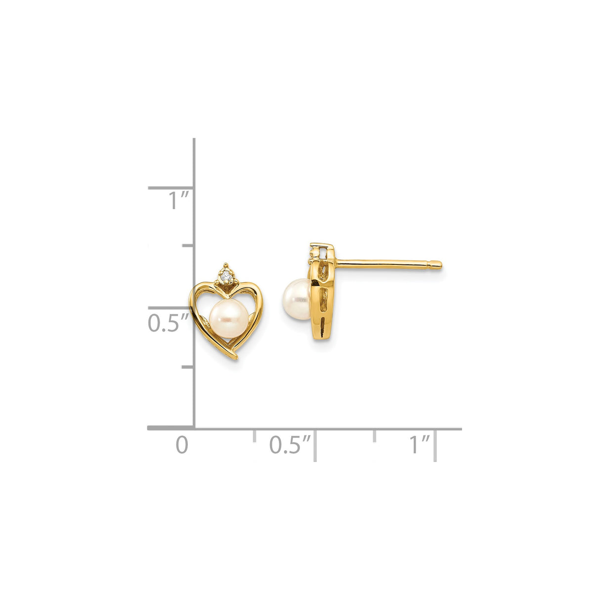 14k Yellow Gold Heart Stud Earrings with Pearl Center and Diamond Accent