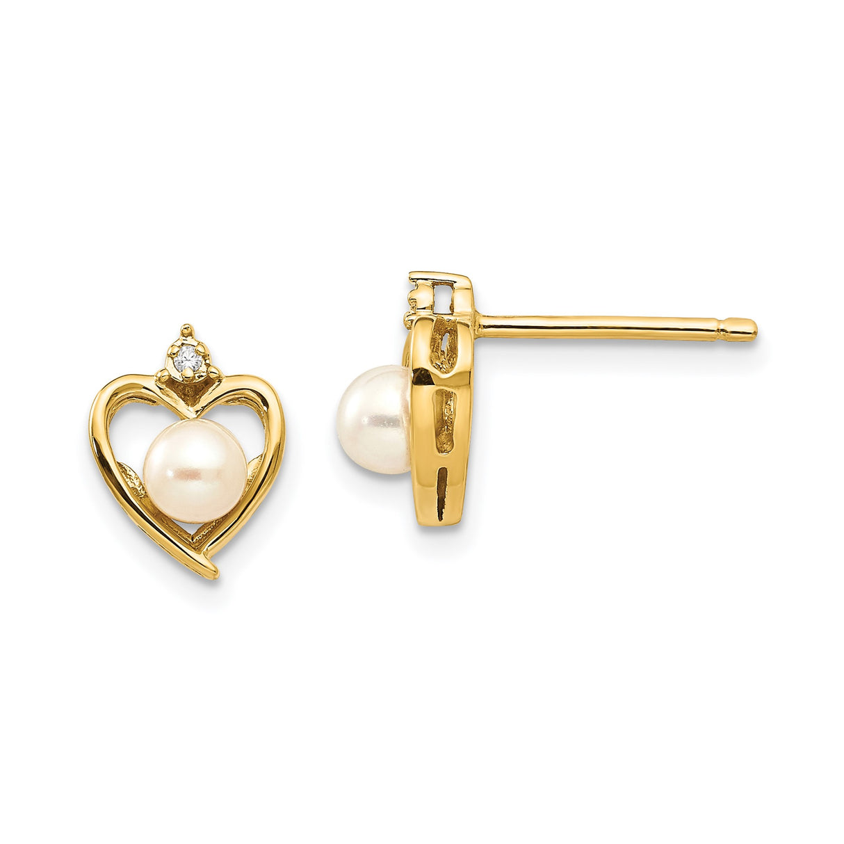 14k Yellow Gold Heart Stud Earrings with Pearl Center and Diamond Accent