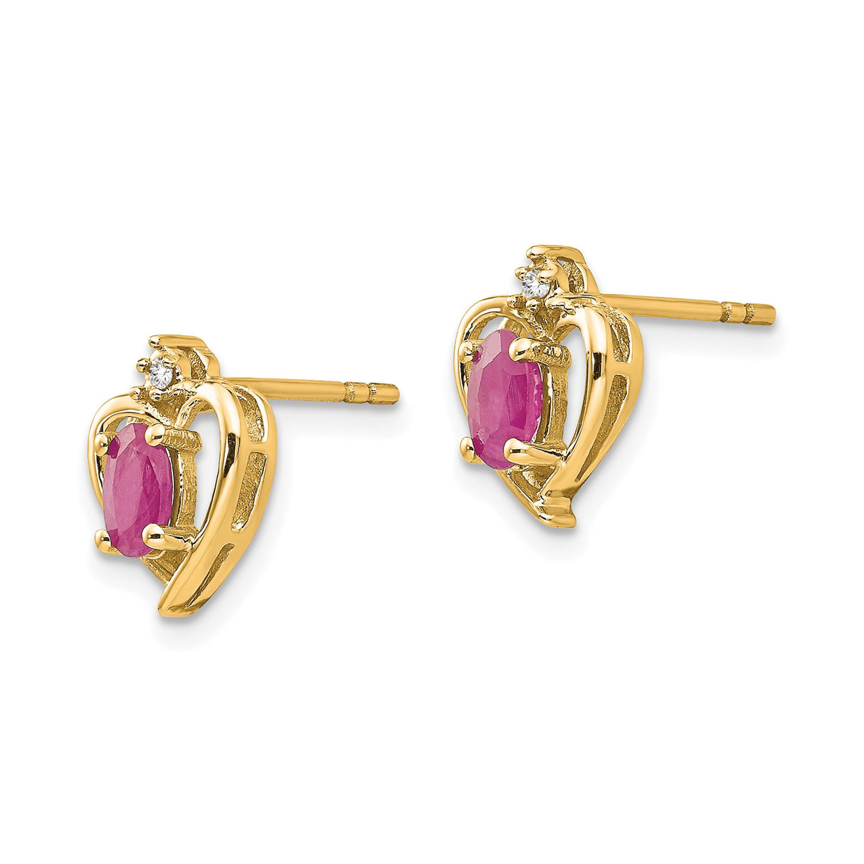 14k Yellow Gold Heart Shaped Stud Earrings with Marquise Ruby and Diamond Accent
