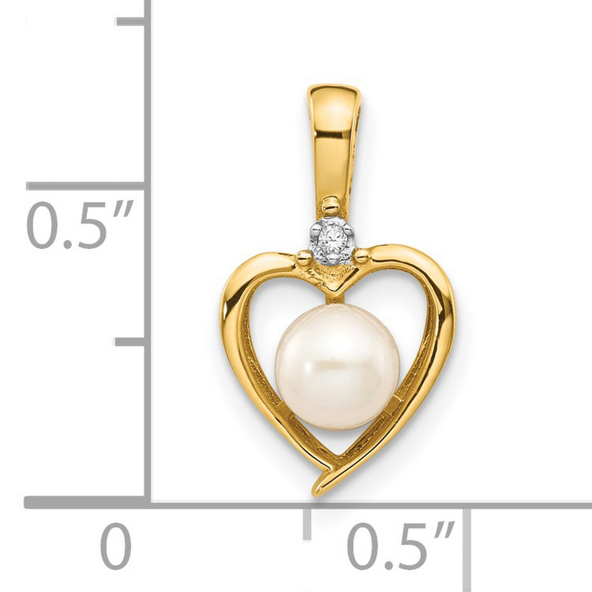 14k Yellow Gold Heart Pendant with White Pearl and Diamond Accent , Open Heart Design