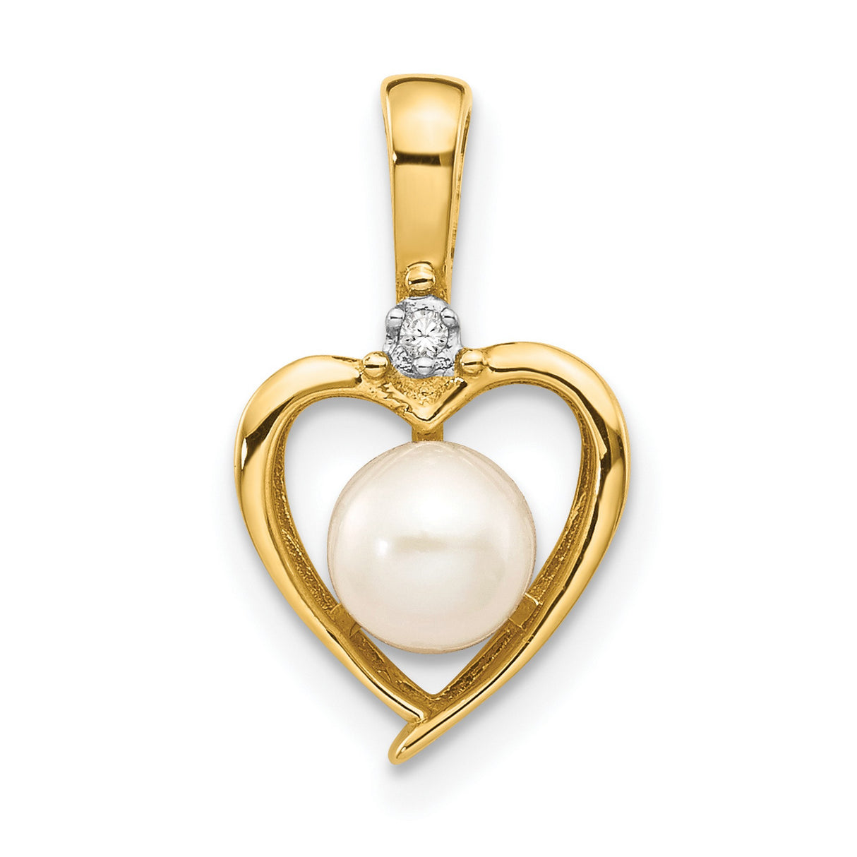 14k Yellow Gold Heart Pendant with White Pearl and Diamond Accent , Open Heart Design