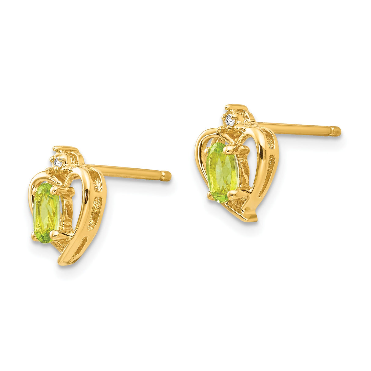 14k Yellow Gold Claddagh Stud Earrings with Peridot and Diamond Accents, Celtic Heart Design
