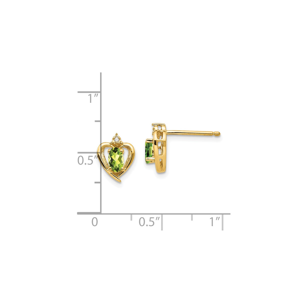14k Yellow Gold Claddagh Stud Earrings with Peridot and Diamond Accents, Celtic Heart Design