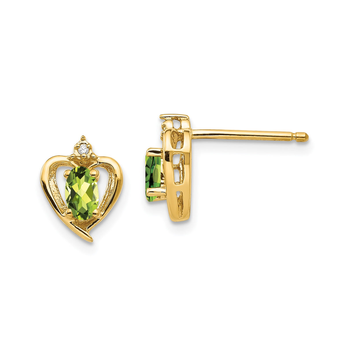 14k Yellow Gold Claddagh Stud Earrings with Peridot and Diamond Accents, Celtic Heart Design