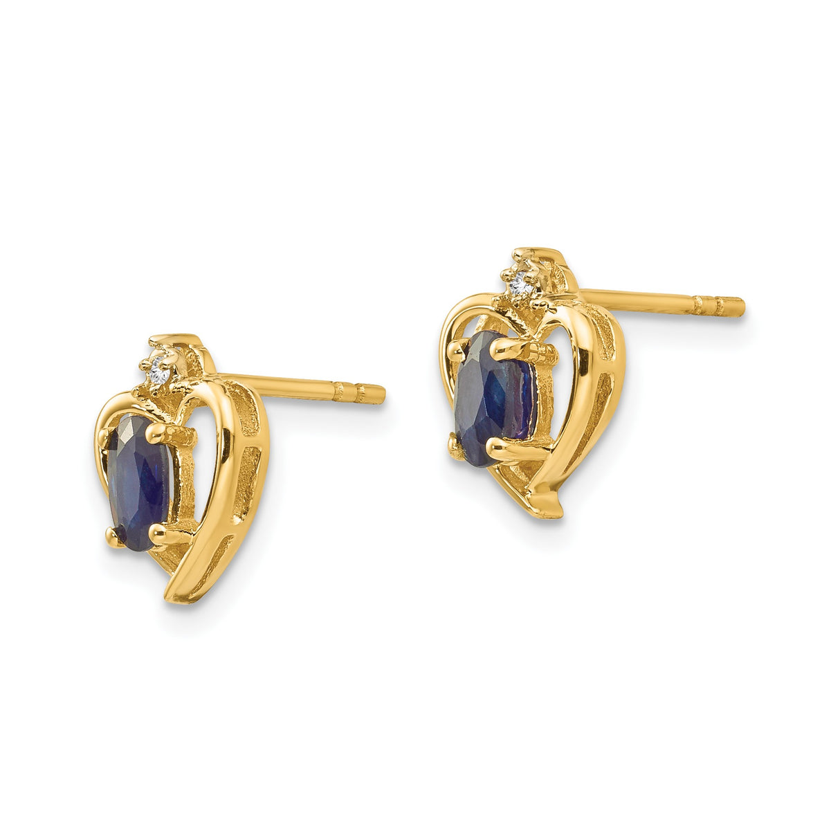14k Yellow Gold Heart Shaped Stud Earrings with Sapphire and Diamond Accent