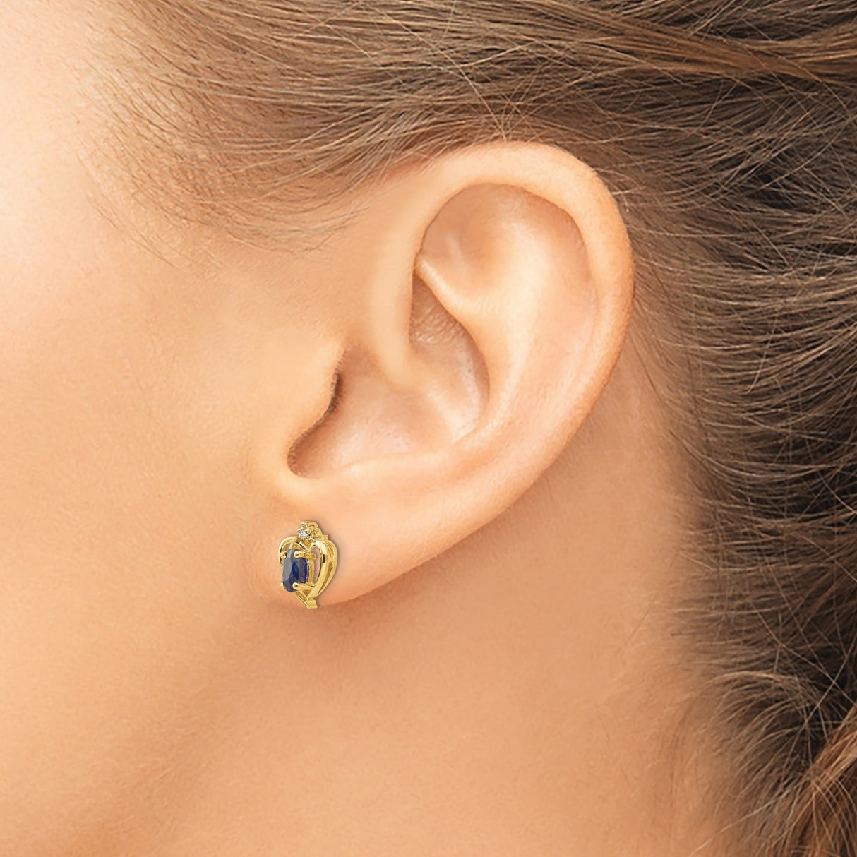 14k Yellow Gold Heart Shaped Stud Earrings with Sapphire and Diamond Accent