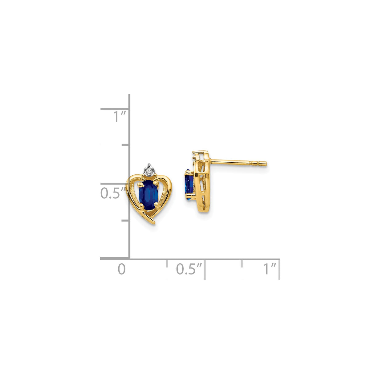 14k Yellow Gold Heart Shaped Stud Earrings with Sapphire and Diamond Accent