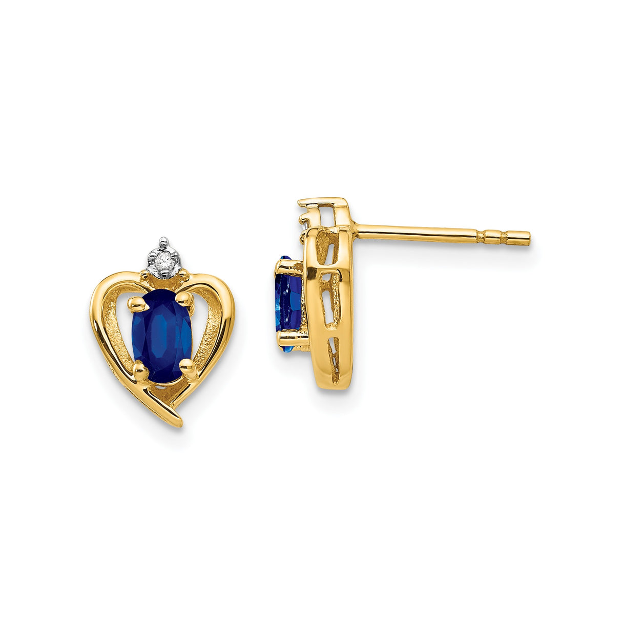 14k Yellow Gold Heart Shaped Stud Earrings with Sapphire and Diamond Accent