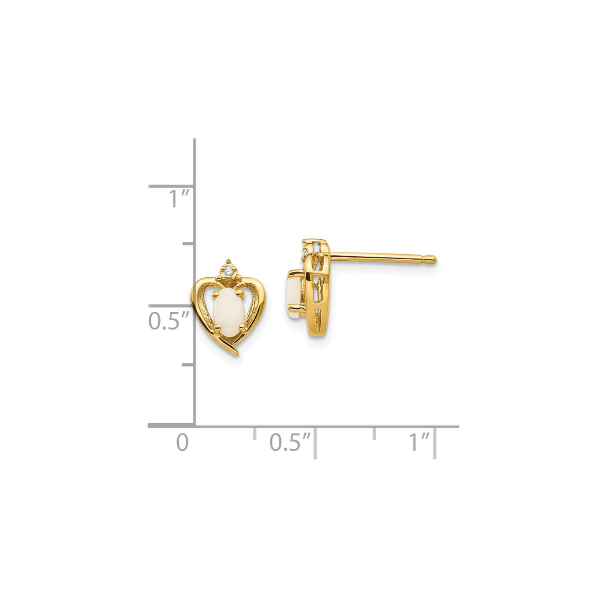 14k Yellow Gold Heart Shaped Stud Earrings with Oval White Opal and Diamond Accent