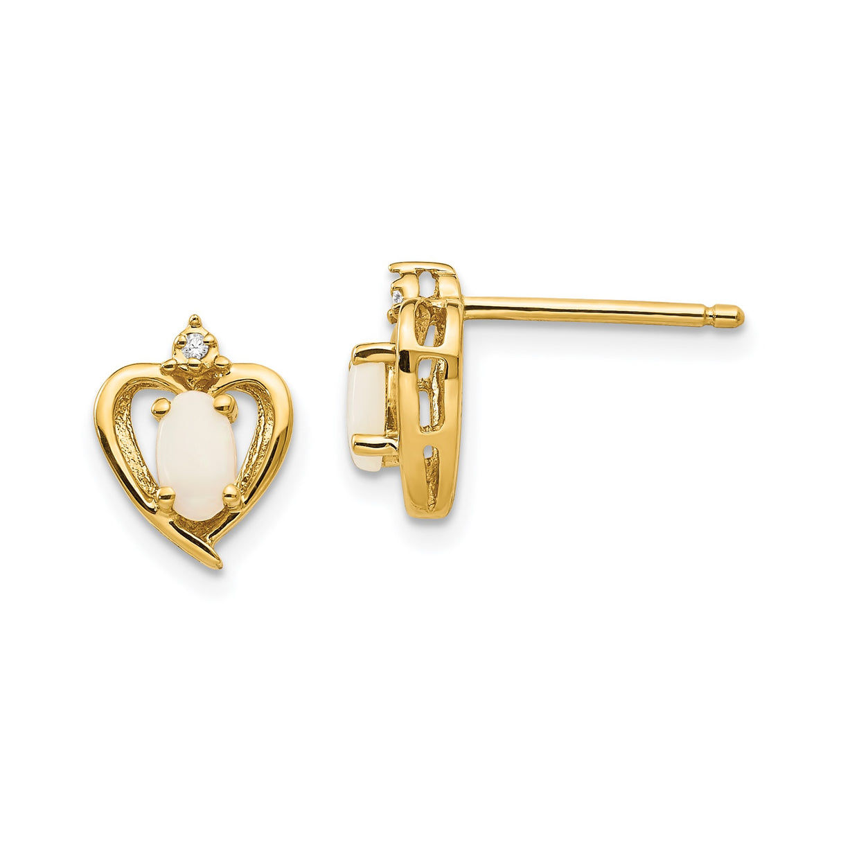 14k Yellow Gold Heart Shaped Stud Earrings with Oval White Opal and Diamond Accent