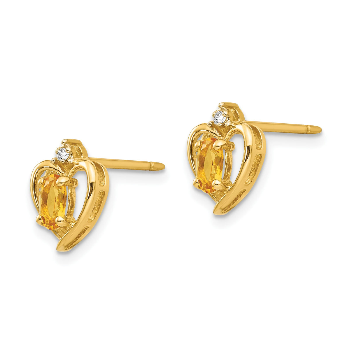 14K Yellow Gold Citrine Heart Stud Earrings Diamond Accent