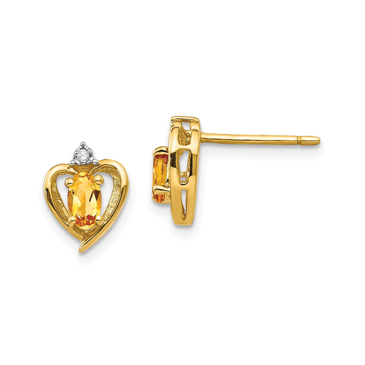 14k Yellow Gold Heart Shaped Stud Earrings for Women with Oval Citrine Gemstone and Diamond Accent Elegant Gold Earrings Symbol of Love Fine Jewelry Daily Wear Citrine Heart Studs