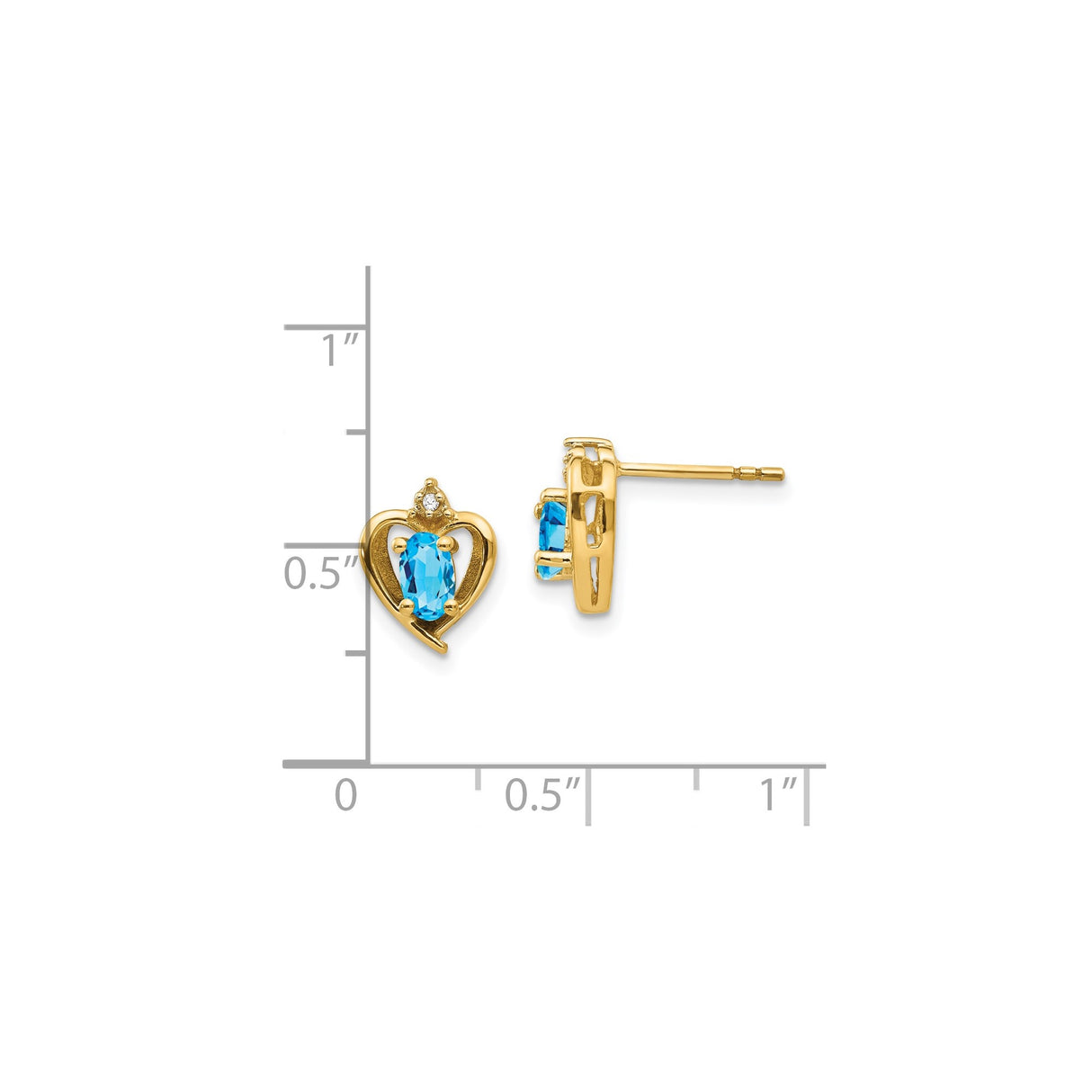 14k Yellow Gold Heart Stud Earrings with Swiss Blue Topaz and Diamond Accents, Crown Motif Design